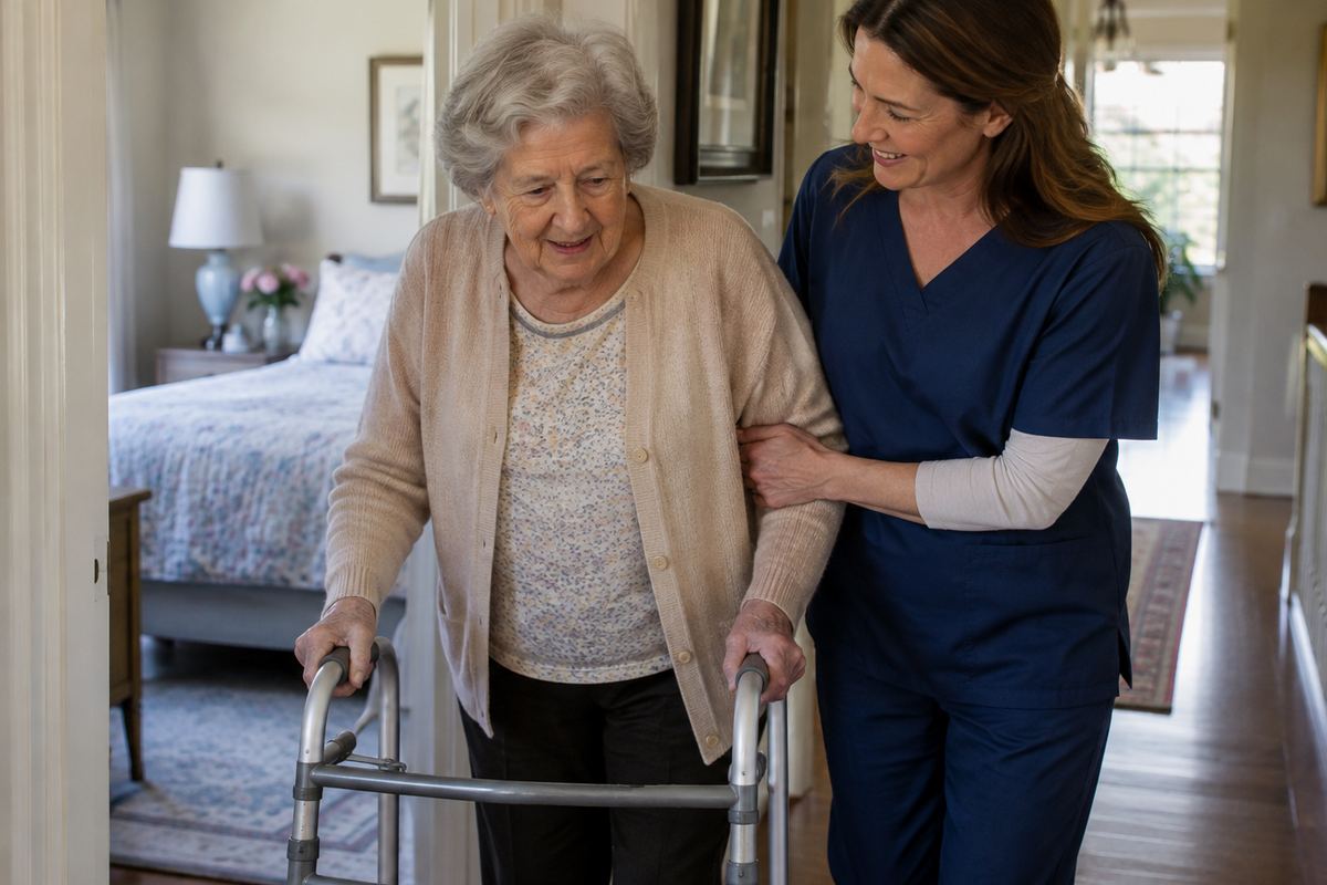 Caregiver helping older woman with a walker in hallway, personal care services locally