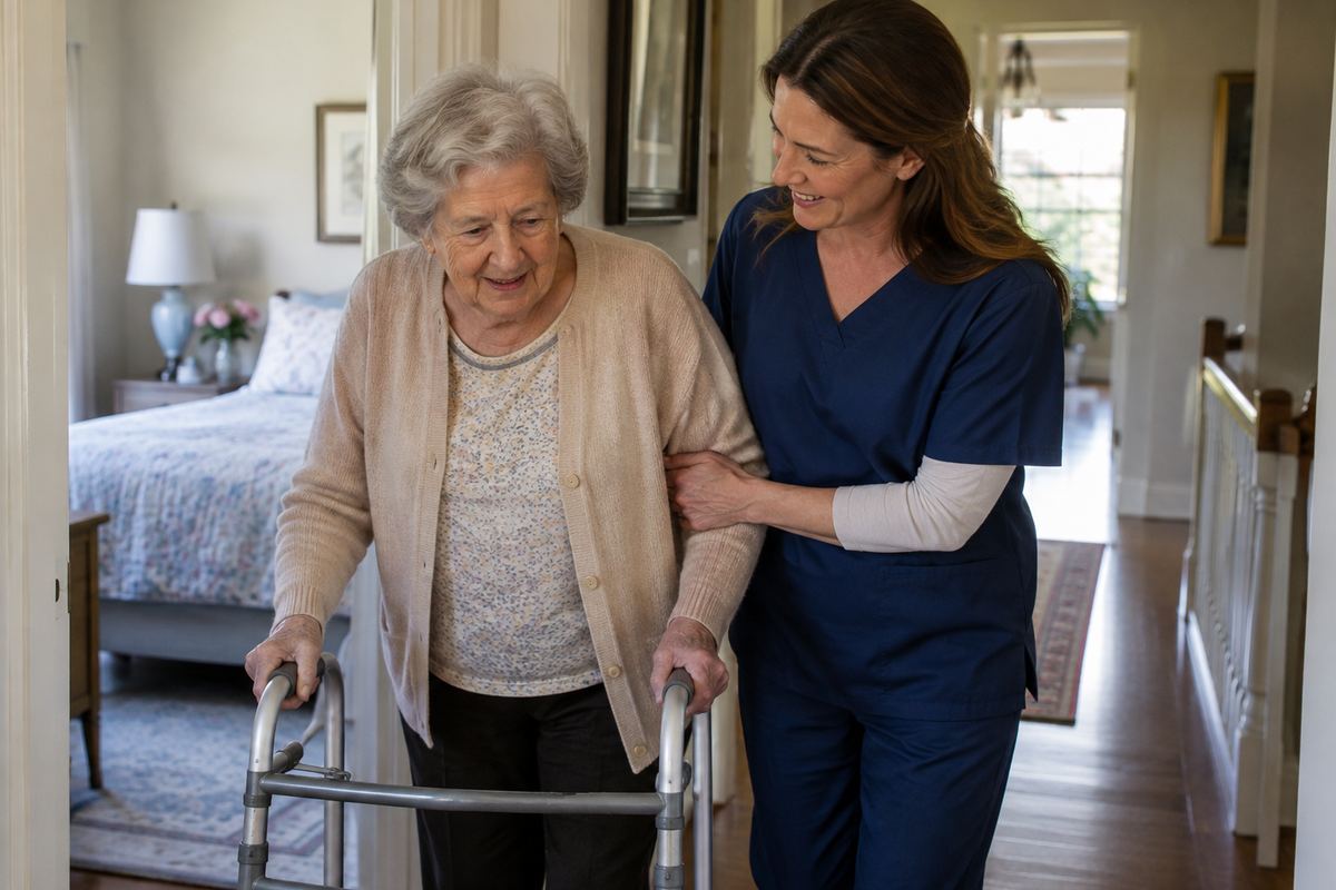 Caregiver helping older woman with a walker in a hallway, providing personal care as part of senior home care Humble TX