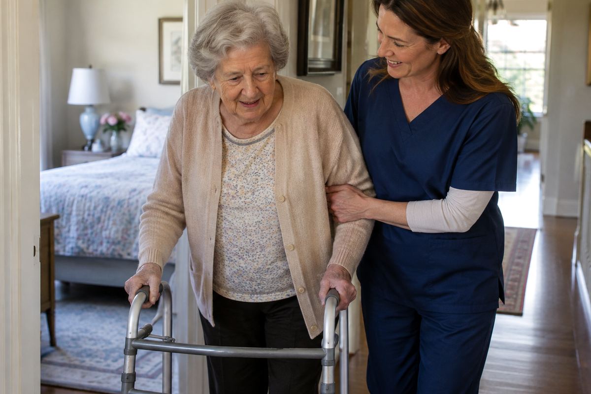Caregiver helping older woman with a walker during personal care in Katy, TX