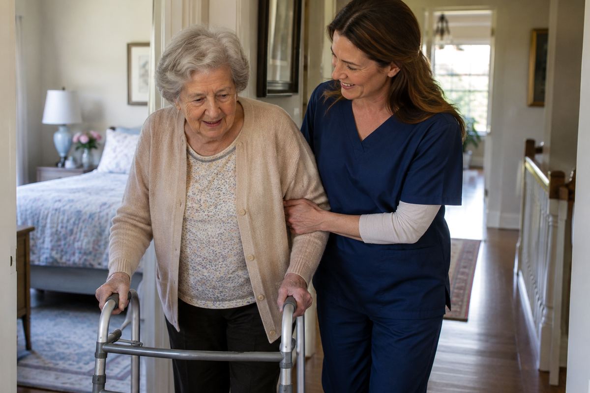 Caregiver helping older woman with a walker during personal care in a Lawndale home