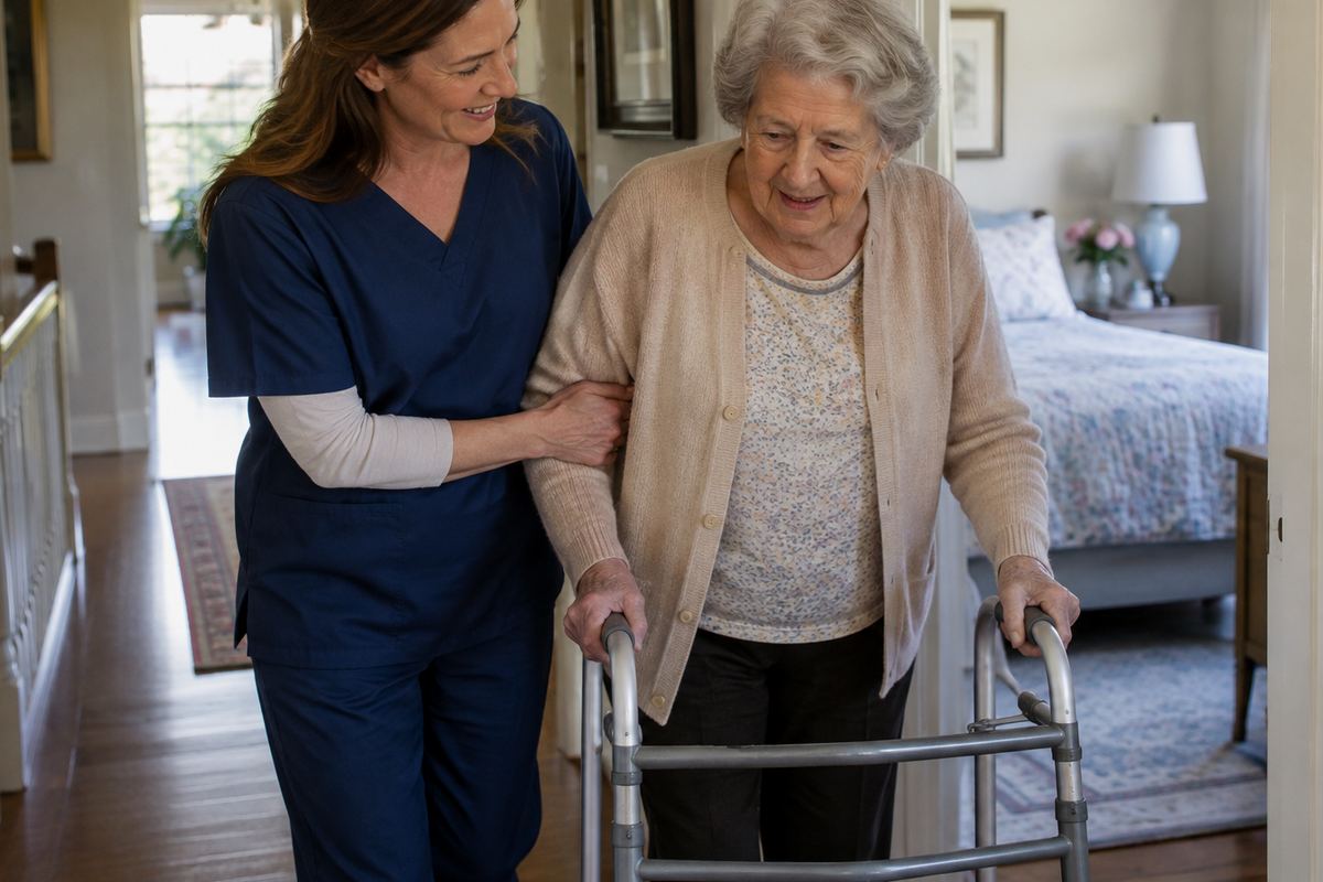 Caregiver helping older woman with a walker during personal care at home in Lomita, CA