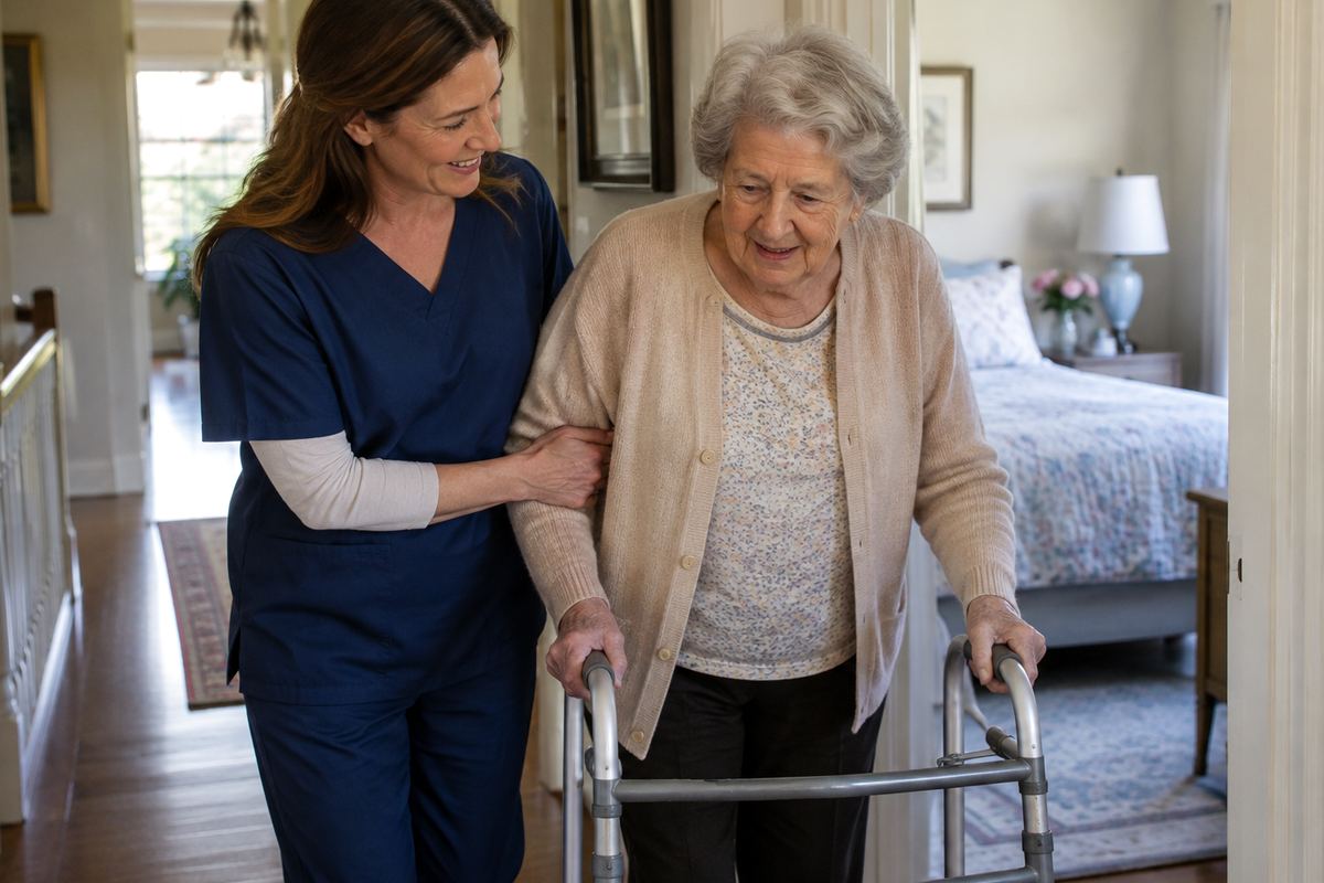 Caregiver helping older woman with a walker during personal care in Los Angeles County
