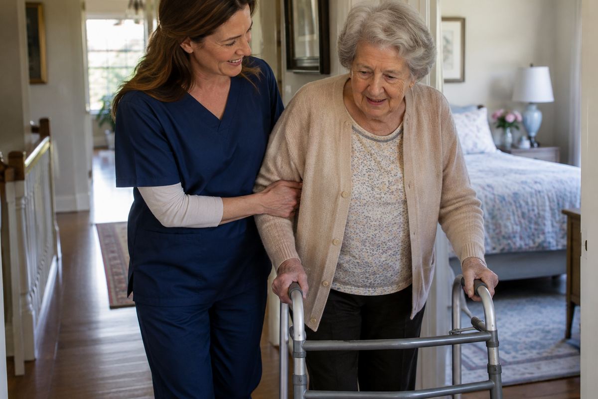 Caregiver helping older woman with a walker in hallway, personal care services in Manhattan Beach