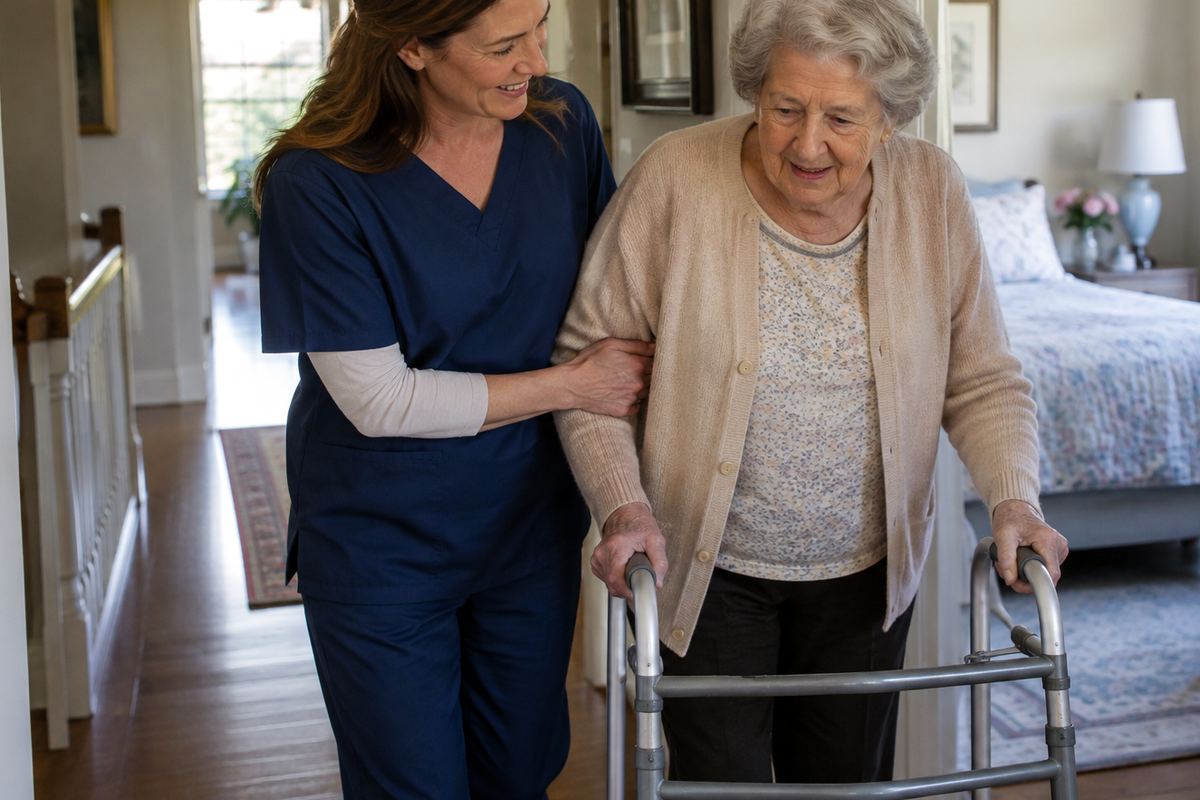 Caregiver helping older woman with a walker in hallway, personal care in Mesa AZ