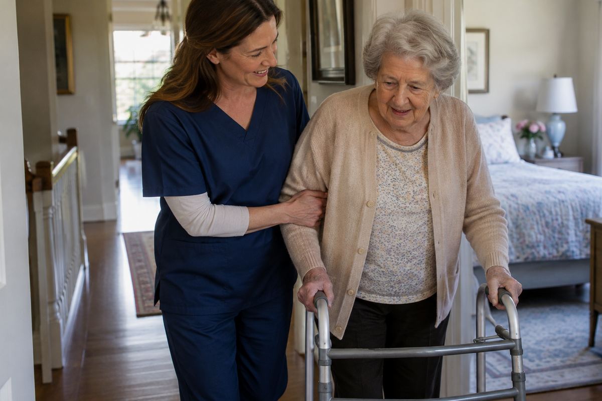Caregiver helping older woman with a walker in hallway, personal care near Hennepin County