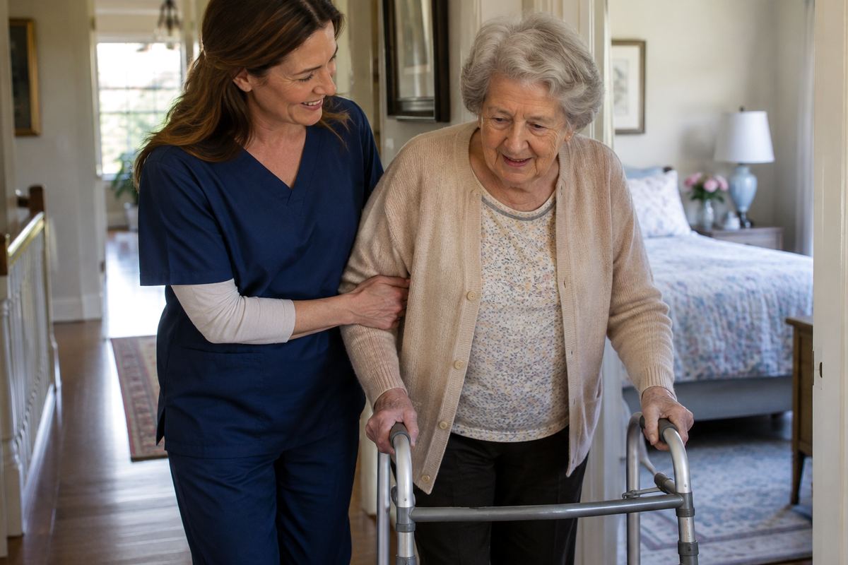 Caregiver helping older woman with walker during personal care in Minnetonka, MN