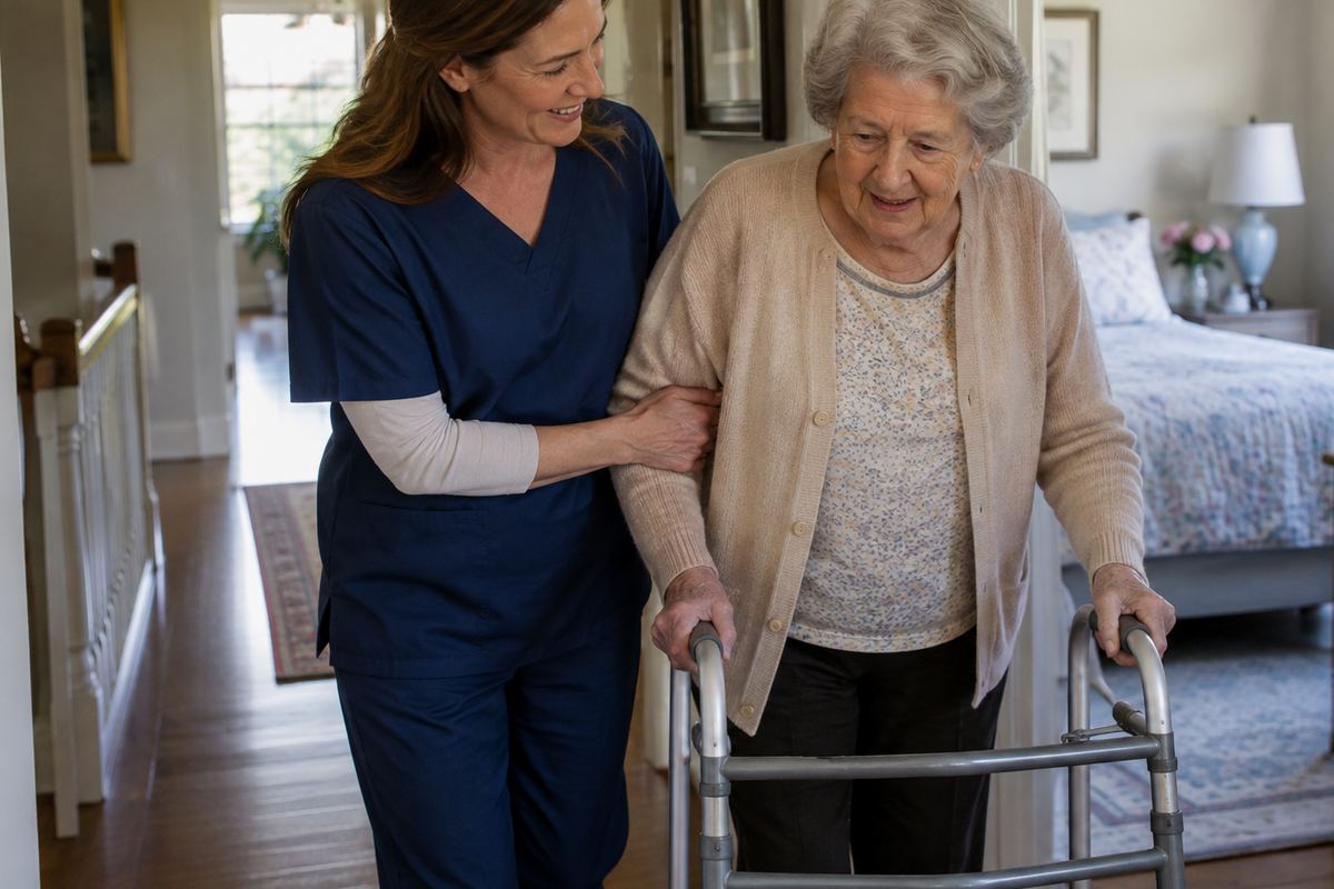 Caregiver helping older woman with a walker in a hallway, personal care services in New Braunfels TX