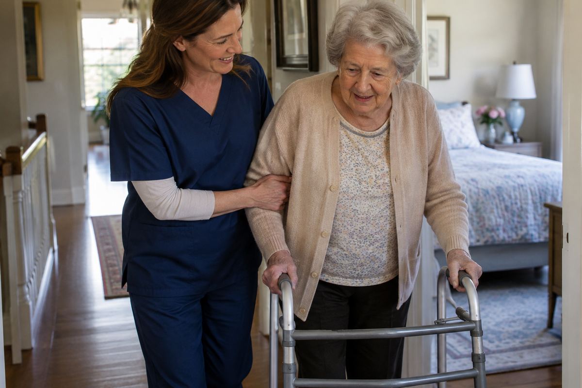 Caregiver helping older woman with a walker in hallway, personal care support in Pasadena