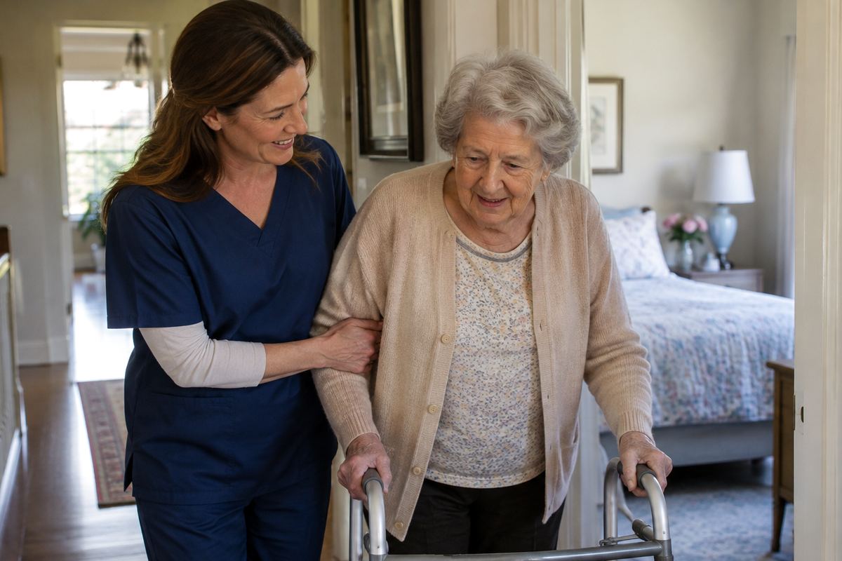 Caregiver helping older woman with a walker during personal care at home in Maricopa County