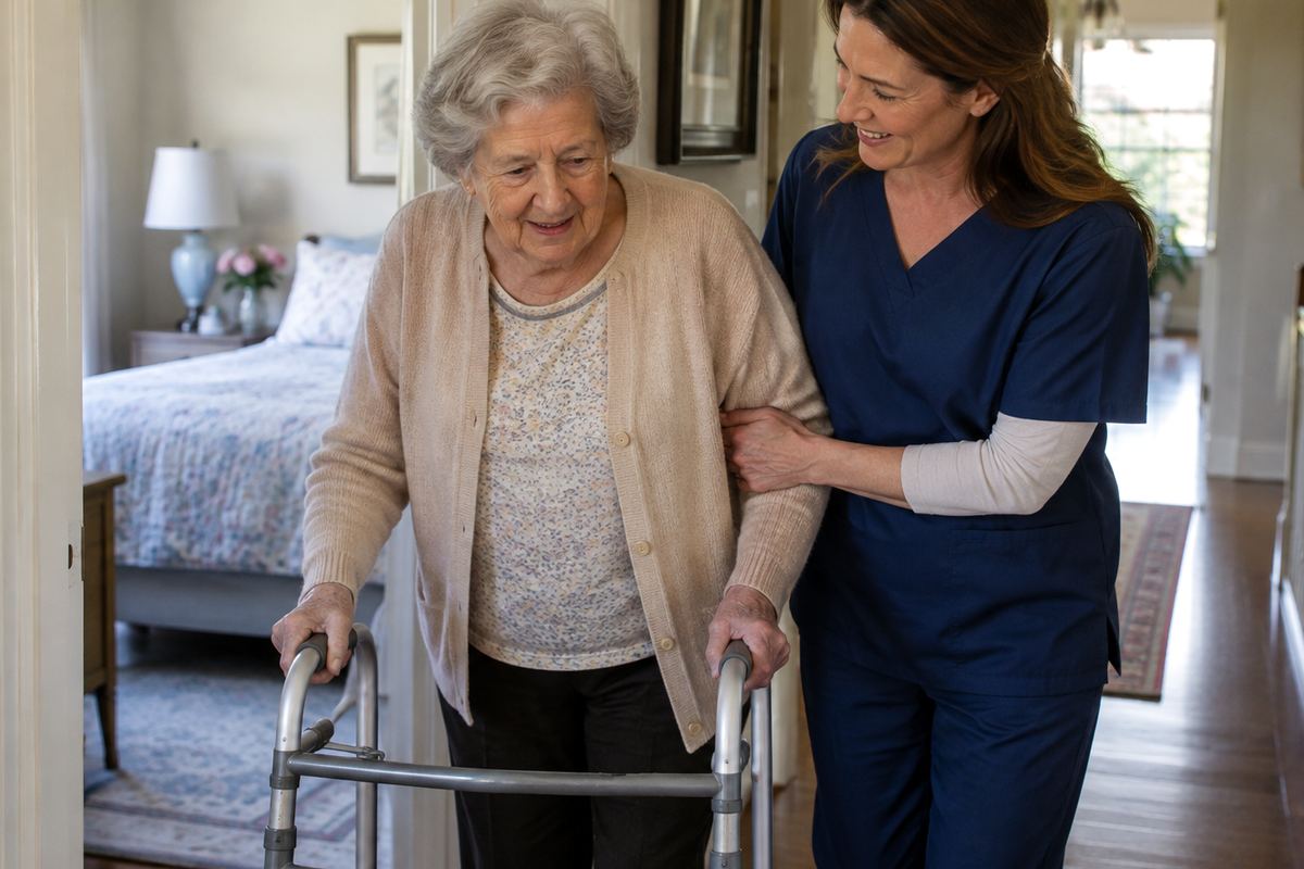 Caregiver helping older woman with a walker during personal care at home in Rancho Palos Verdes