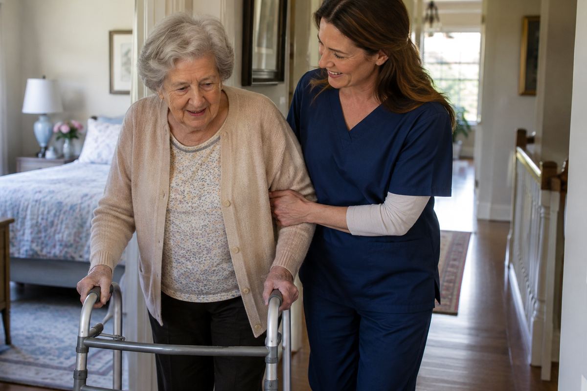 Caregiver helping older woman with a walker in hallway, personal care service in Redondo Beach CA