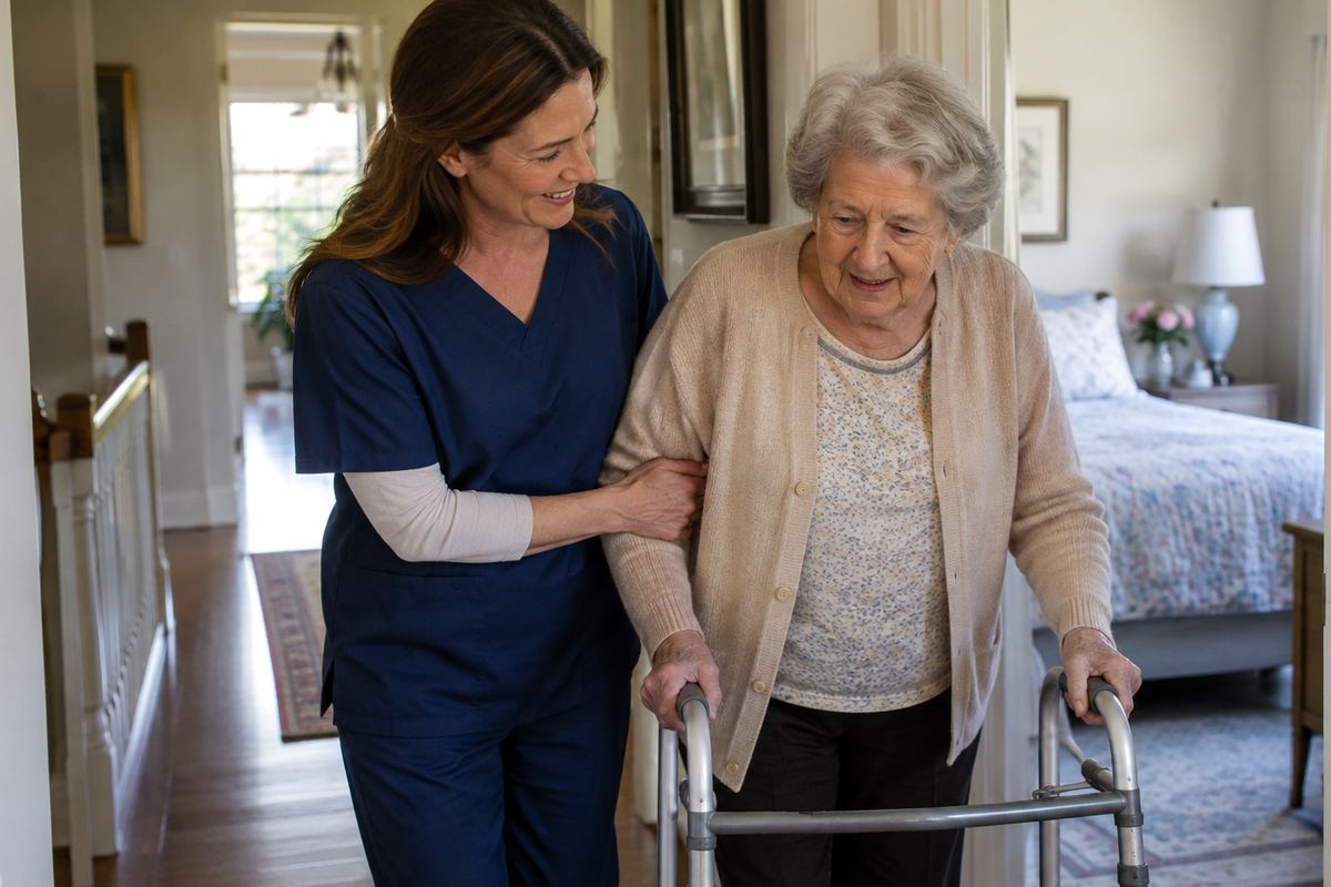 Caregiver helping older woman with a walker in a hallway, personal care services in San Antonio