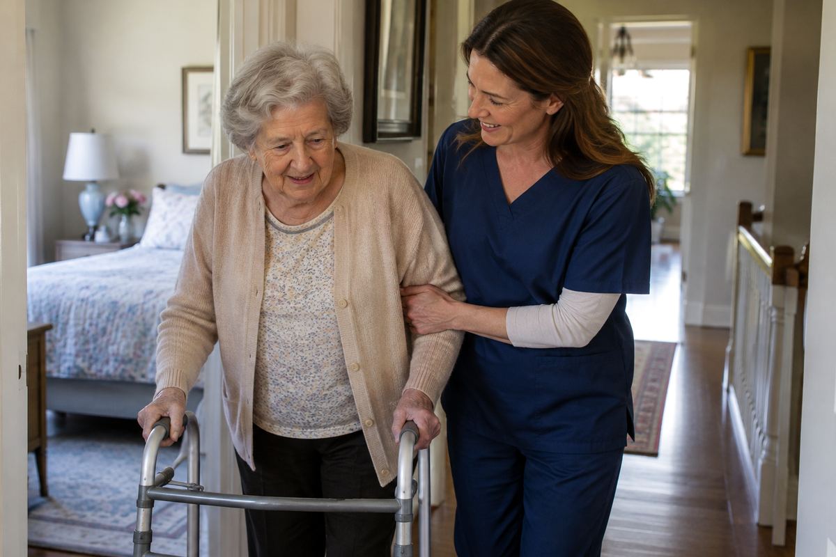 Caregiver helping older woman with a walker during personal care at home in Los Angeles County