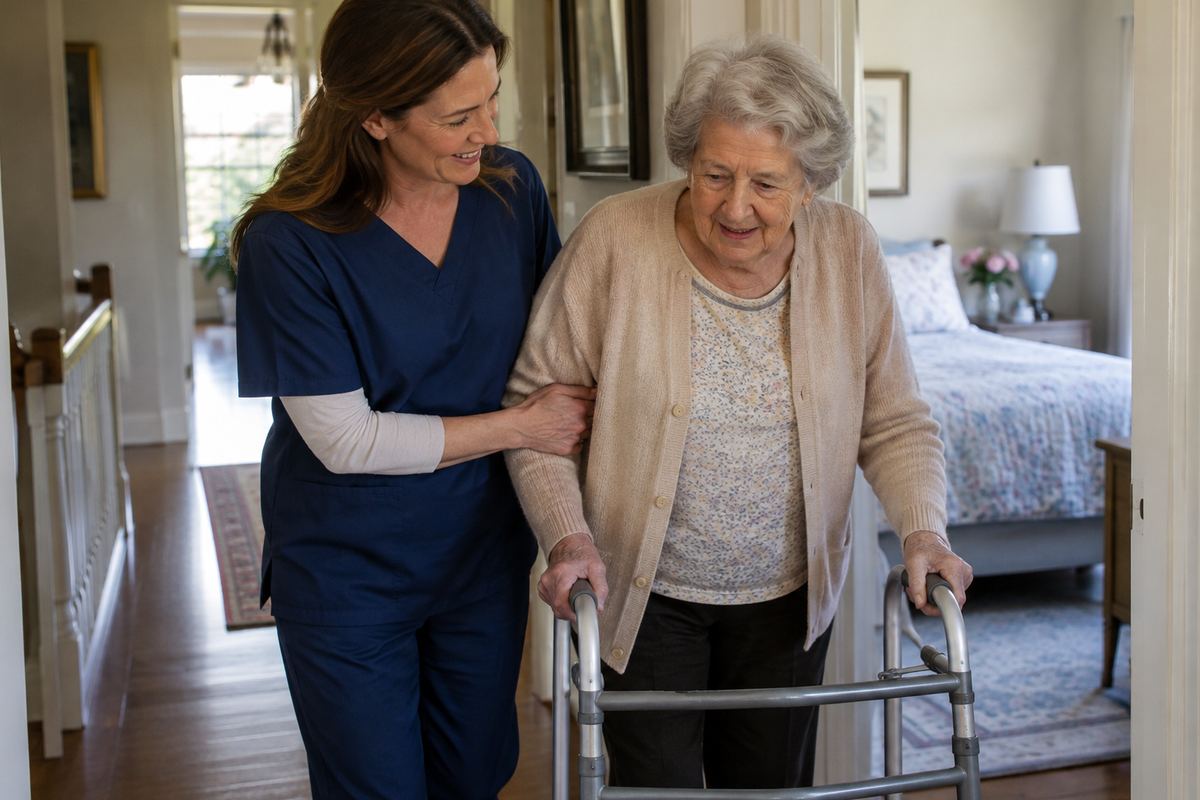 Caregiver helping older woman with a walker in hallway, personal care services in the Santa Monica area