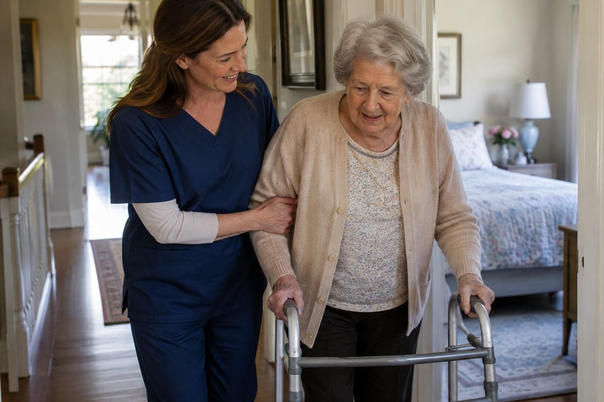 Caregiver helping older woman with a walker during personal care at home in Guadalupe County