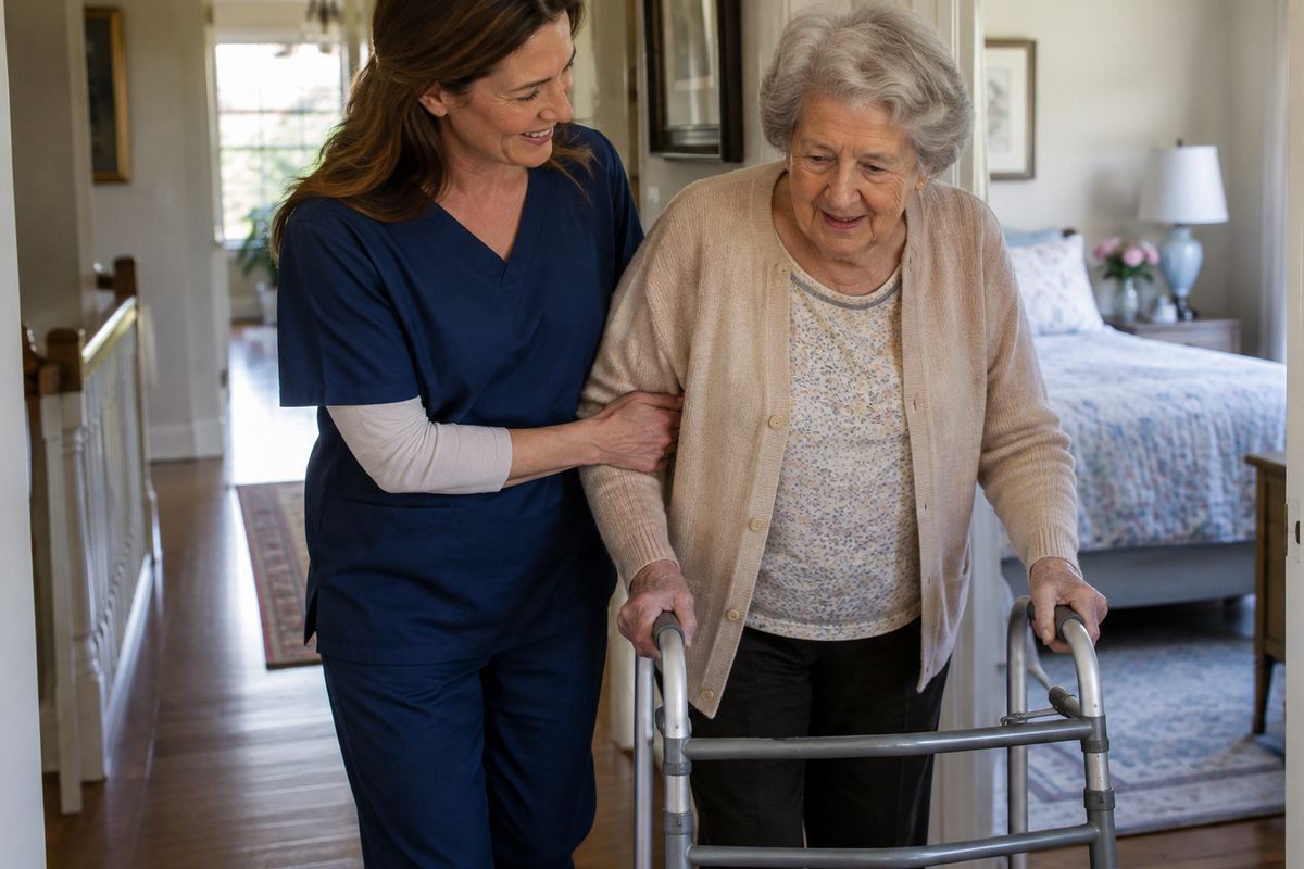 Caregiver helping older woman with a walker during personal care, in-home care in Scottsdale