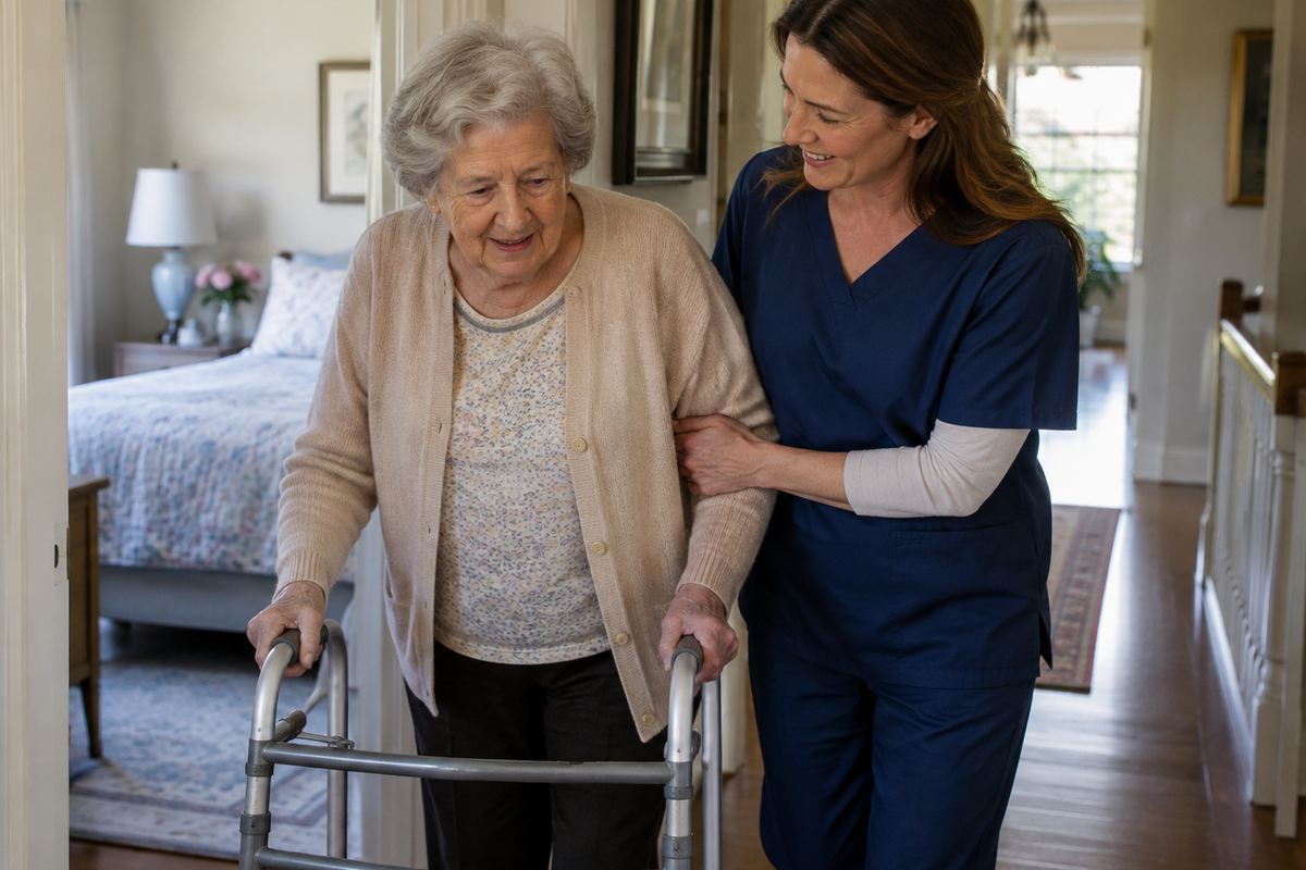 Caregiver helping older woman with a walker in hallway, personal care in Seguin TX
