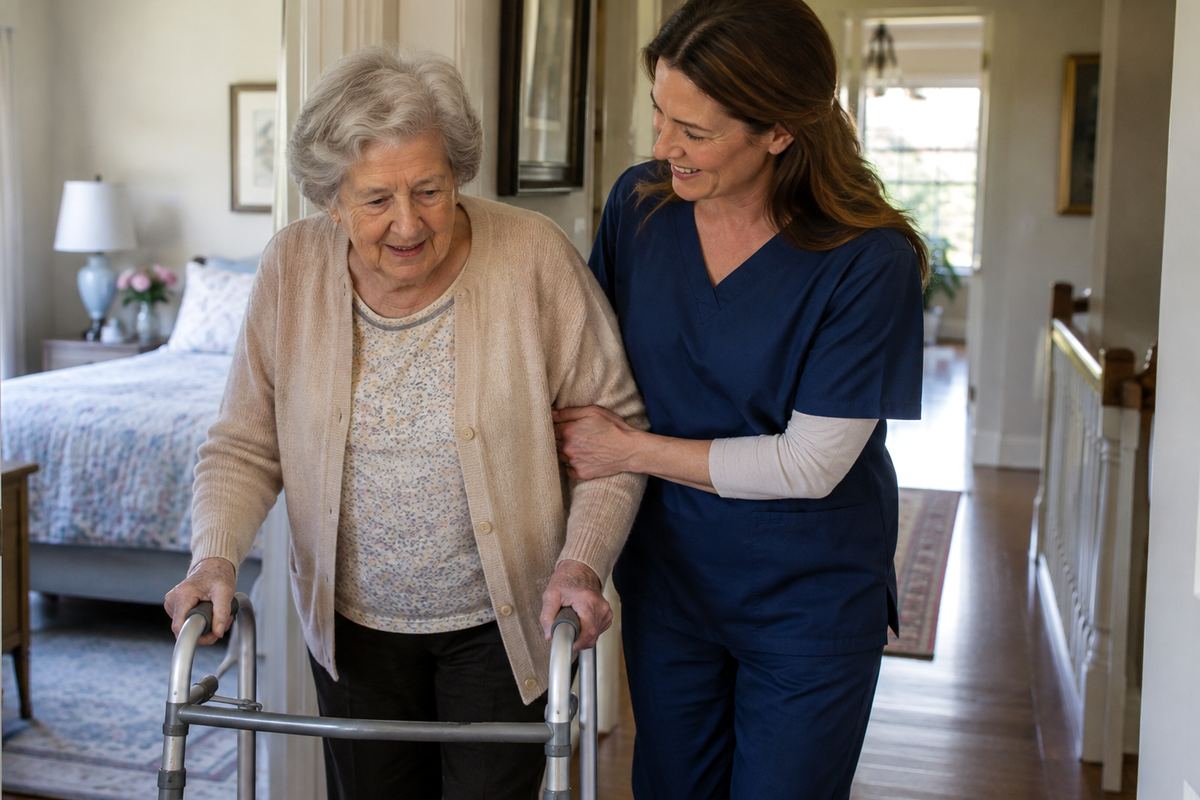 Caregiver helping older woman with walker in hallway, personal care in Spring Branch, TX
