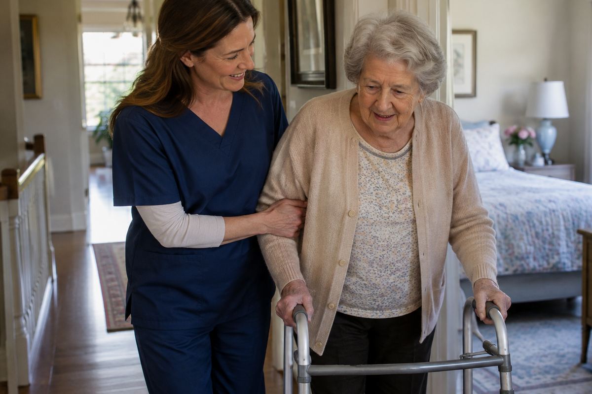 Caregiver helping older woman with a walker during personal care at home in Spring, TX