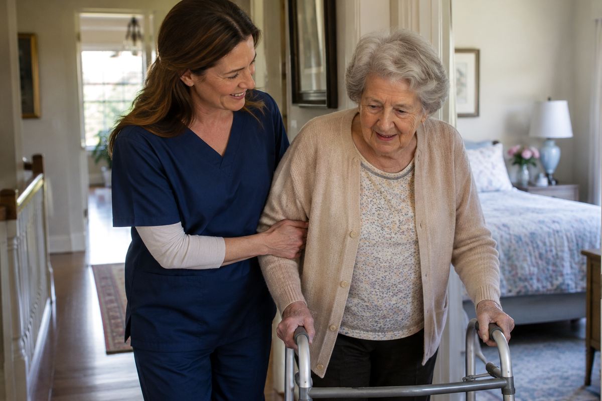 Caregiver helping older woman with a walker in a hallway, providing personal care in Tomball Texas