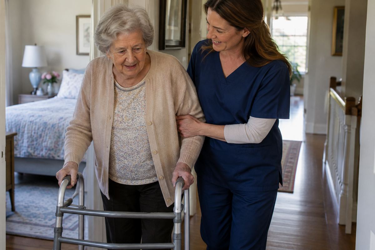 Caregiver helping older woman with a walker in a hallway, personal care in the Torrance area