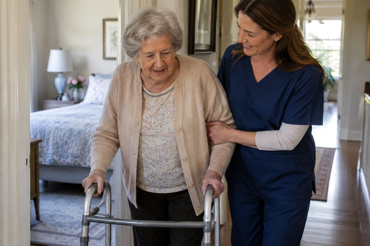 Caregiver helping older woman with walker during personal care at home in Whittier, CA