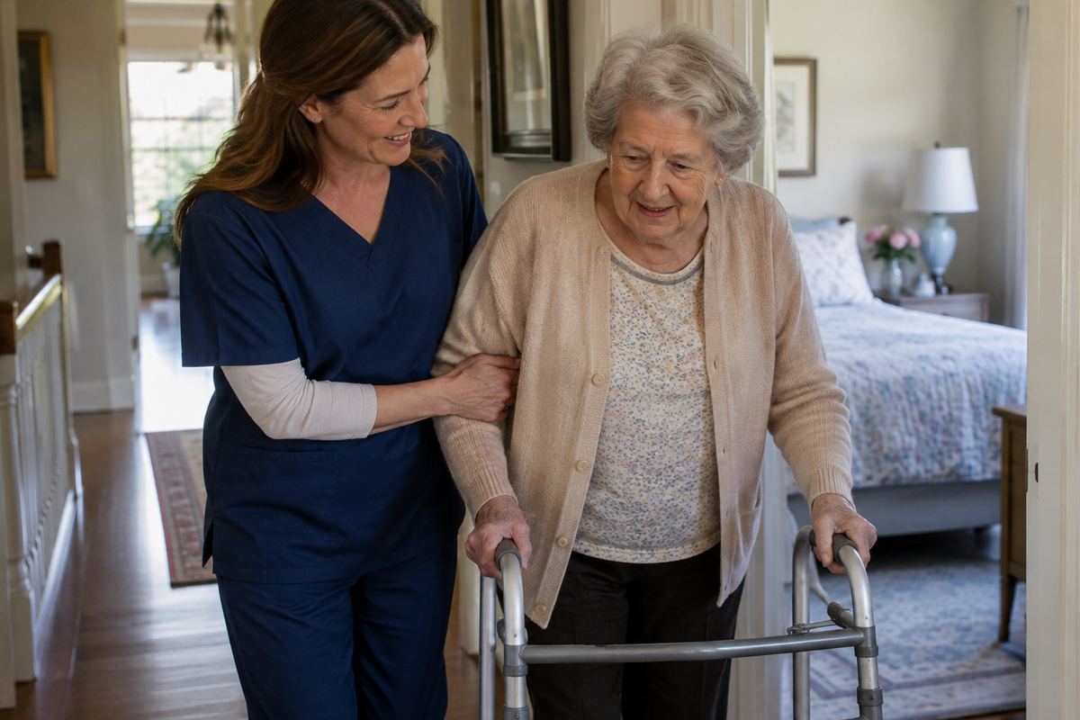 Caregiver helping older woman with walker during personal care in a Wilmington home