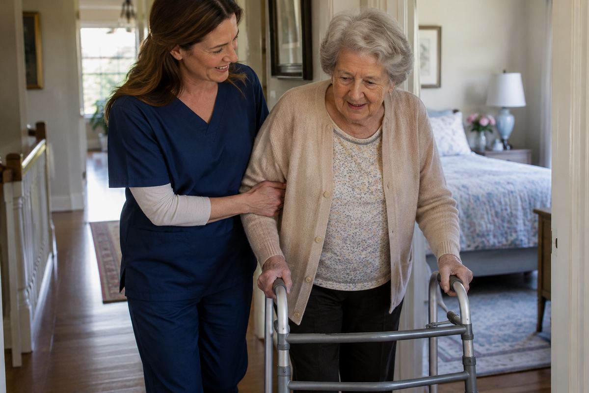 Caregiver helping older woman with a walker during personal care assistance in Los Angeles County